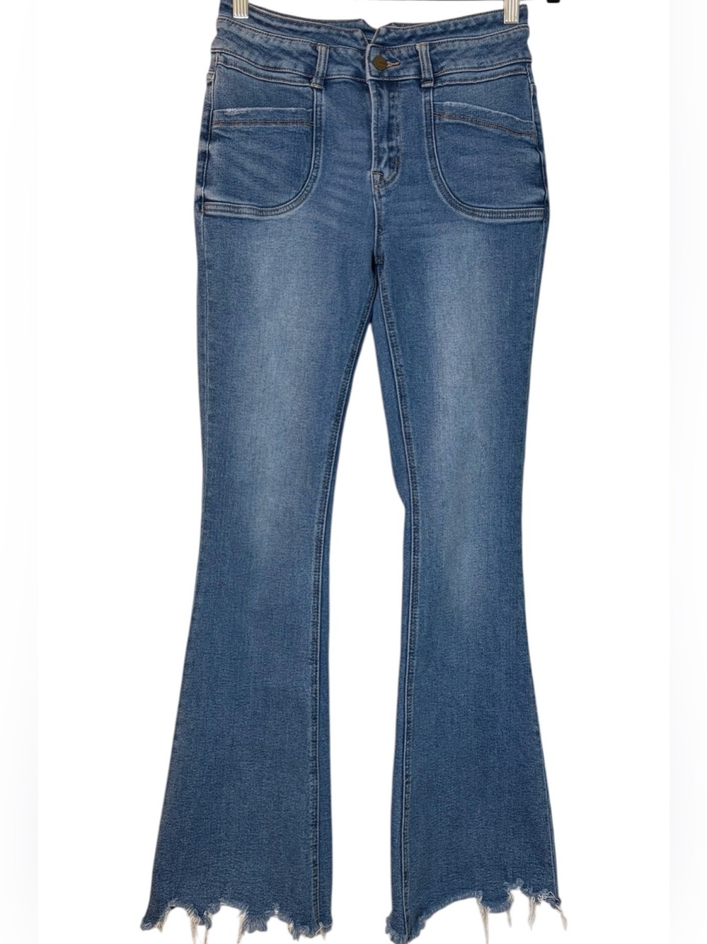MICA DENIM High-Rise Blue Flared Jeans Frayed Chewed Hem Sz 26 Western Boho Chic